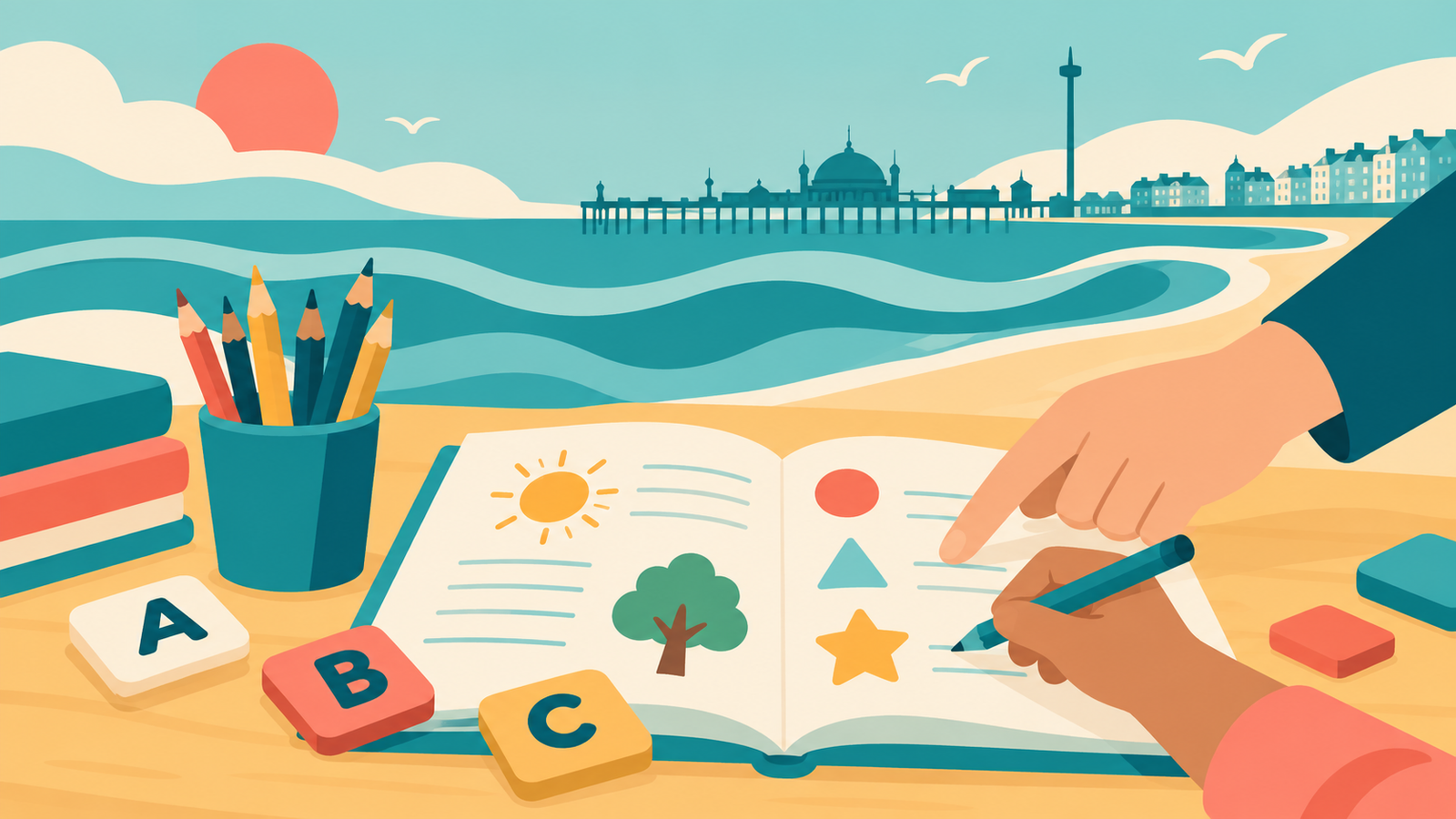 Editorial illustration of primary learning materials and a helping hand for the Stanford Primary School Teaching Assistant vacancy in Brighton