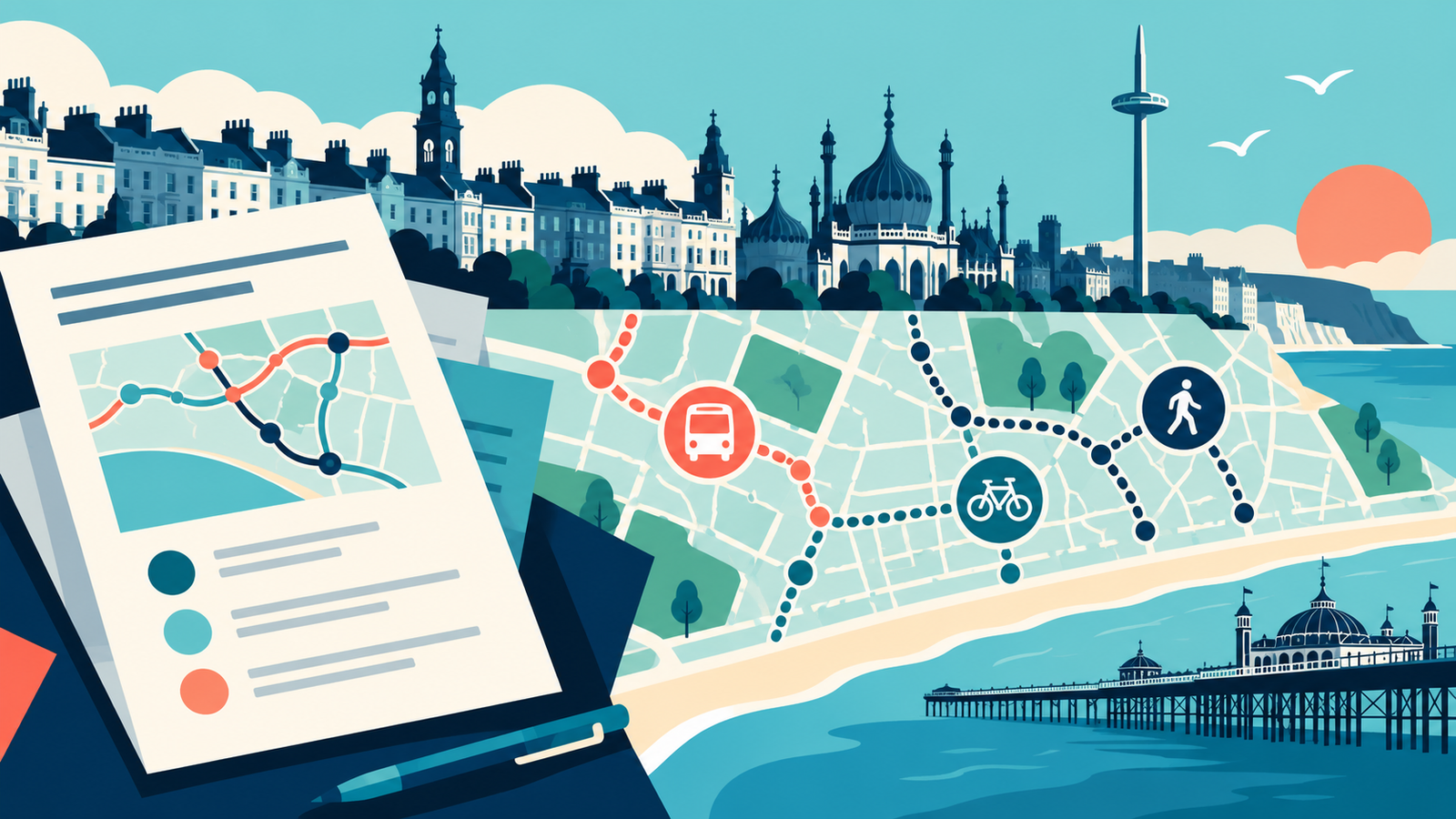 Editorial illustration of transport policy planning in Brighton & Hove, with bus, cycle and walking routes.