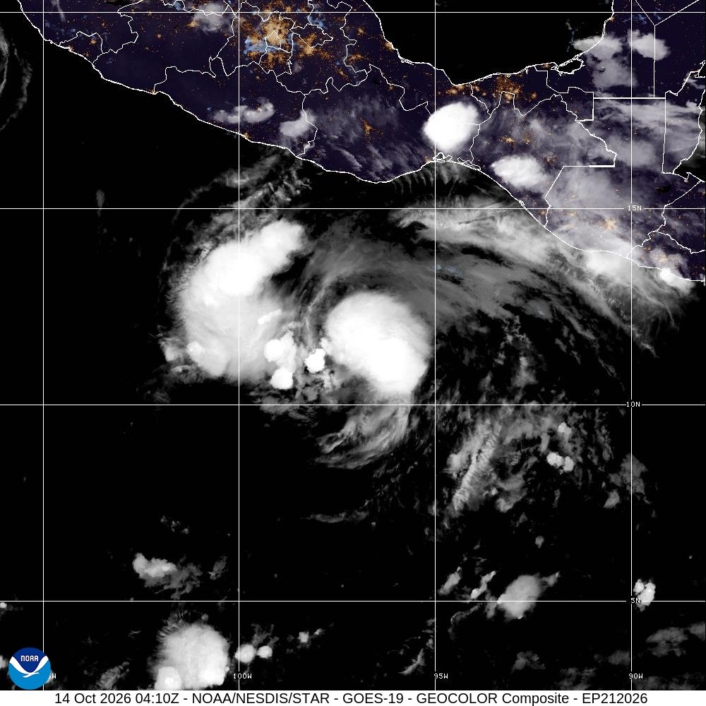 GOES-19 GeoColor satellite view of Tropical Storm Trudy south of Mexico at 04:10 UTC on 14 October 2026; multispectral nighttime imagery, not a ground photograph.