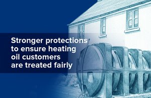 Official UK government policy graphic showing a household heating oil tank and wording about fair treatment for heating oil customers.