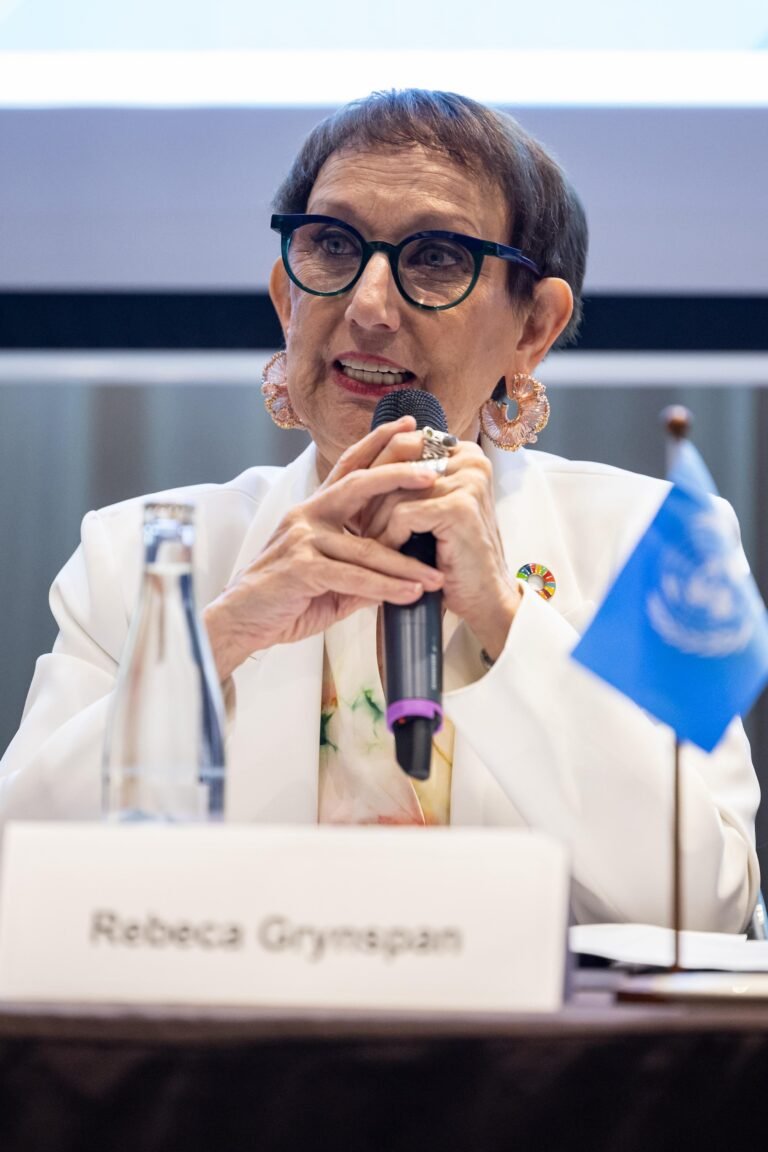 Archive photograph of UNCTAD Secretary-General Rebeca Grynspan speaking at the organisation's 60th anniversary in Geneva