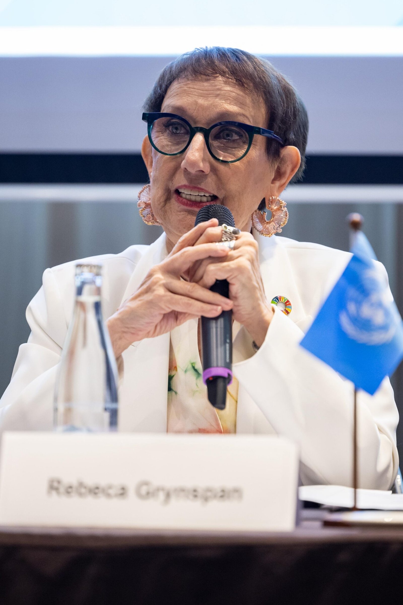 Archive photograph of UNCTAD Secretary-General Rebeca Grynspan speaking at the organisation's 60th anniversary in Geneva