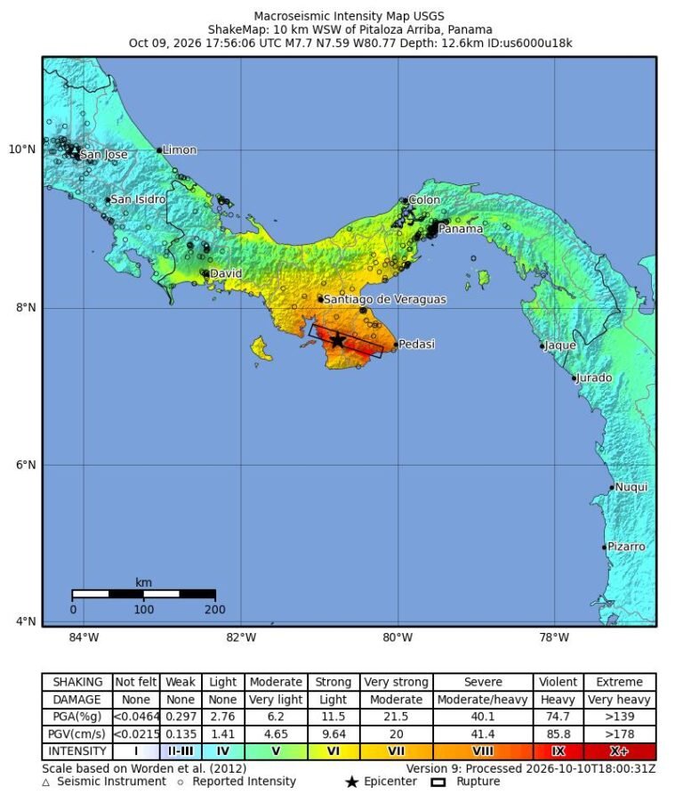 USGS ShakeMap showing the magnitude 7.7 Panama earthquake of 9 October 2026