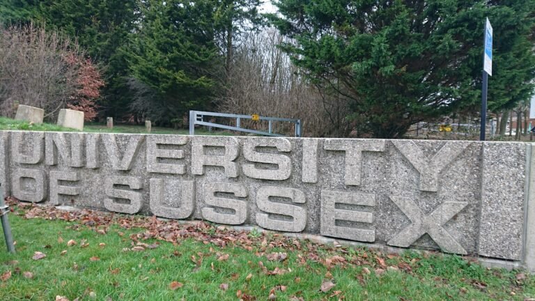 University of Sussex entrance sign at Falmer; archive photograph for the October 2026 staff pay update