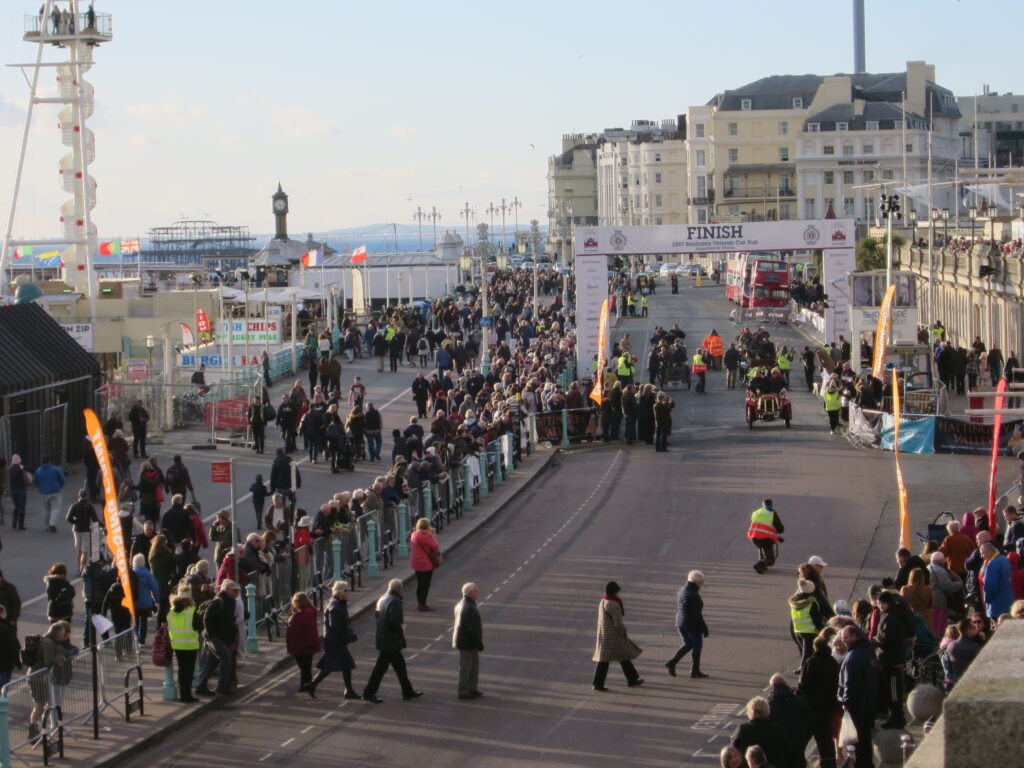 Veteran cars and spectators at the Madeira Drive finish in Brighton on 5 November 2017; archive photograph, not the 2026 event.