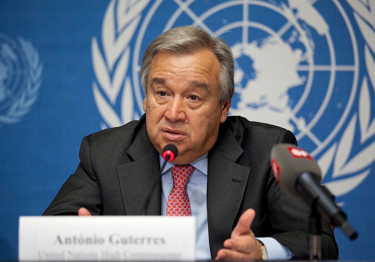 António Guterres at a Geneva media briefing on 3 August 2012, when he was UN High Commissioner for Refugees; archive photograph.