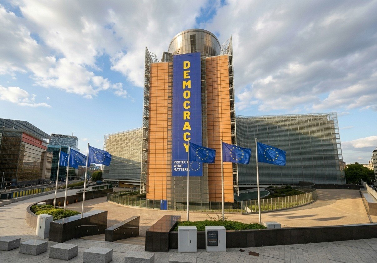 The European Commission’s Berlaymont building in Brussels on 10 October 2026, not the AI guidelines launch or a Sussex campus.