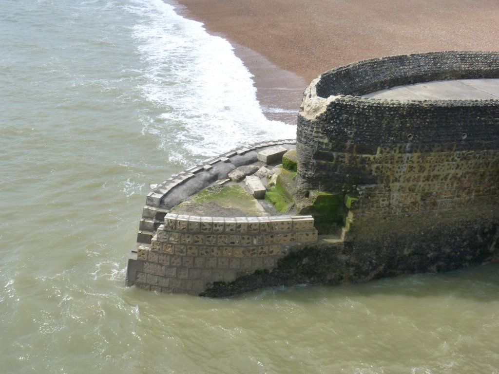 Storm damage to Albion Groyne near Brighton Pier, photographed on 28 April 2014; archive coastal-asset photograph, not current flooding or damage to homes.