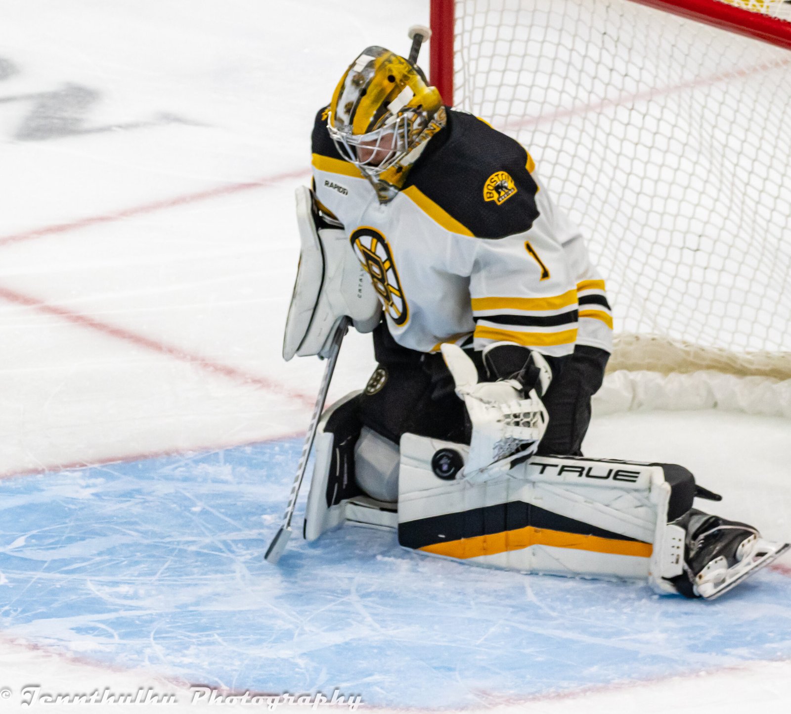 Jeremy Swayman in goal for Boston Bruins against Seattle Kraken on 23 February 2023; archive photograph, not the October 2026 San Jose match.