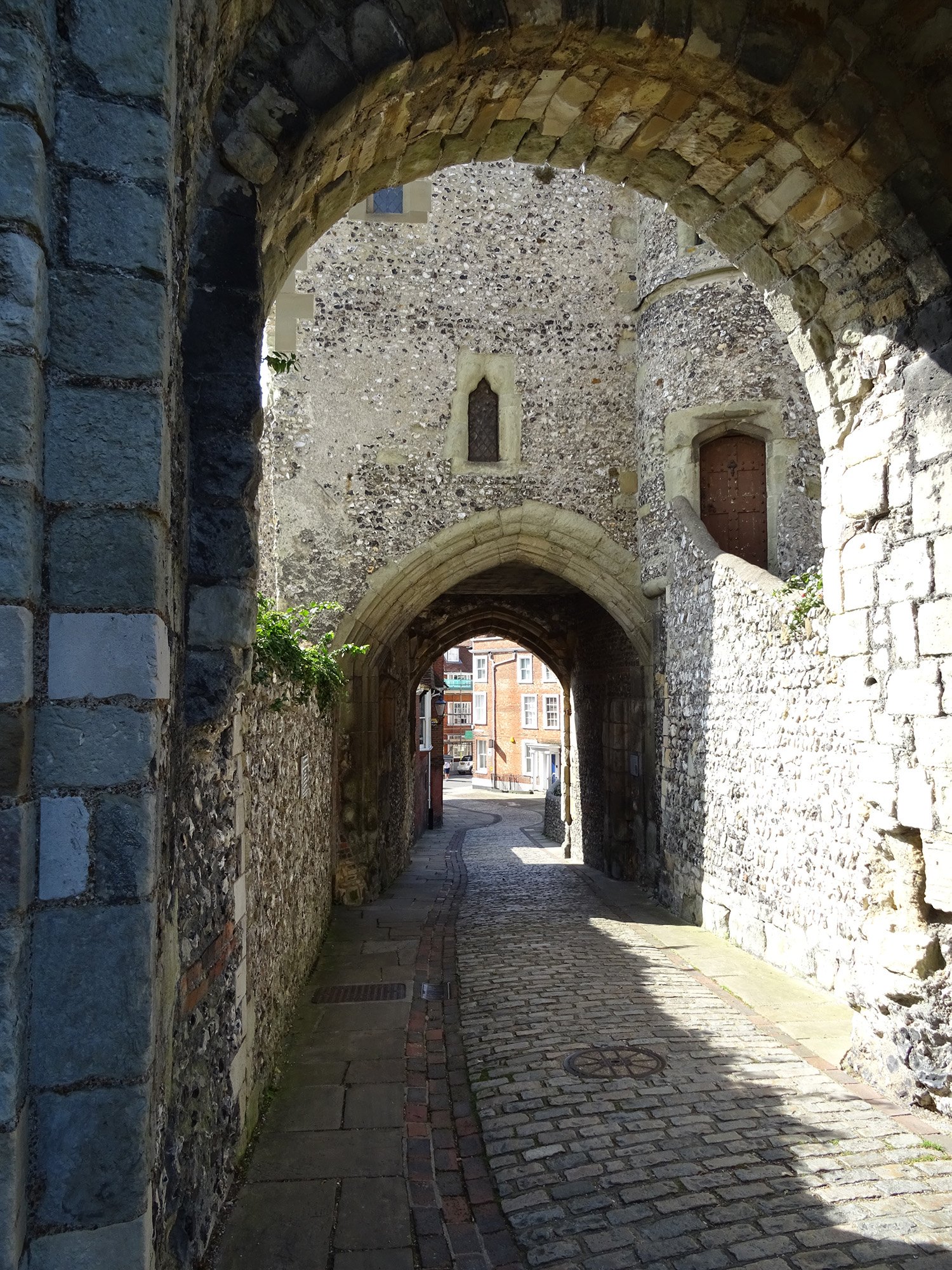 Lewes Castle’s Barbican Gate on High Street, photographed on 20 August 2017; archive photograph.