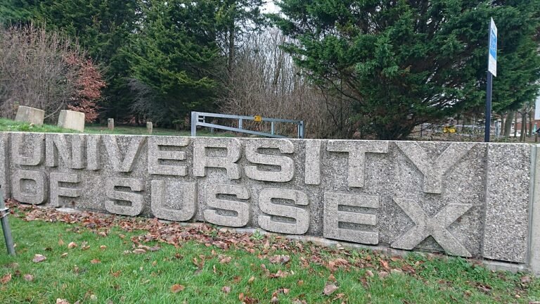 University of Sussex entrance monolith in Falmer, photographed in January 2019; the university is where Universal Quantum's founding research originated.